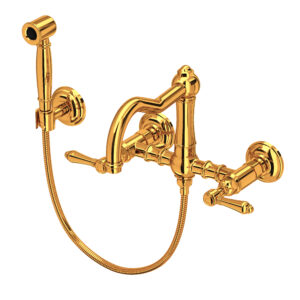 ROHL Acqui® Wall Mount Bridge Kitchen Faucet With Sidespray And Column Spout In Italian Brass
