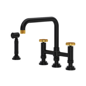 ROHL Campo™ Bridge Kitchen Faucet With Side Spray In Matte Black/Unlacqrd Brass