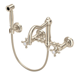 ROHL Acqui® Wall Mount Bridge Kitchen Faucet With Sidespray And Column Spout In Satin Nickel