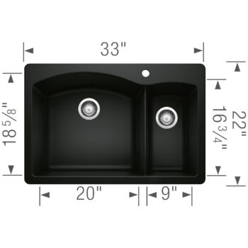 Blanco Diamond SILGRANIT 33" 70/30 Double Bowl Dual Mount Kitchen Sink - Coal Black - Image 3