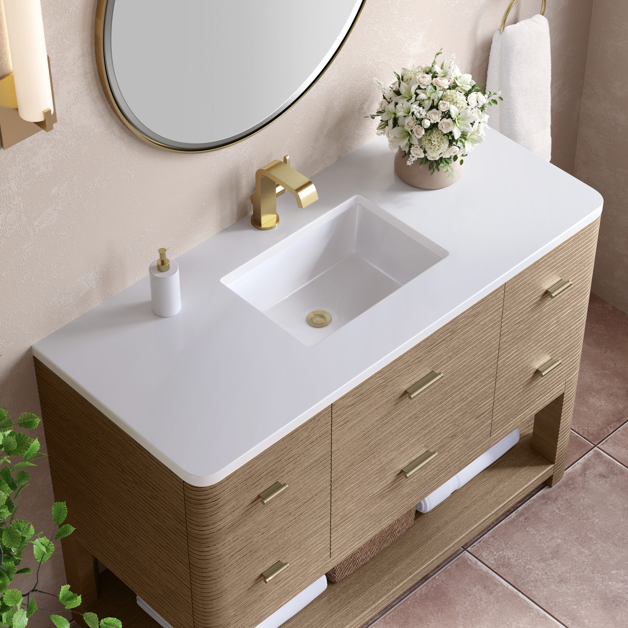 Lucian 48" Single Vanity, Pebble Oak w/ 3 CM White Zeus Quartz Top - Image 4