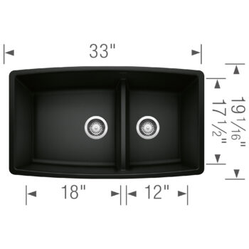 Blanco Performa SILGRANIT 33" 60/40 Double Bowl Undermount Kitchen Sink with Low Divide - Coal Black - Image 4