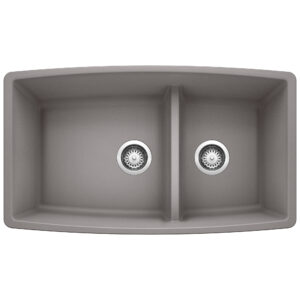 Blanco Performa SILGRANIT 33″ 60/40 Double Bowl Undermount Kitchen Sink with Low Divide – Metallic Gray