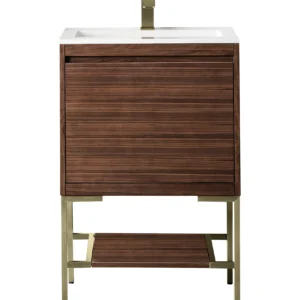 Mantova 23.6″ Single Vanity, Mid-Century Walnut, Champagne Brass Base w/ Glossy White Composite Stone Top