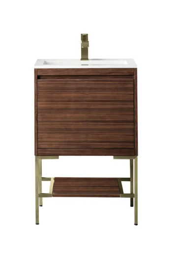 Mantova 23.6" Single Vanity, Mid-Century Walnut, Champagne Brass Base w/ Glossy White Composite Stone Top