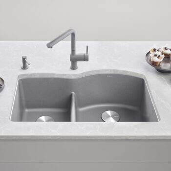 Blanco Diamond SILGRANIT 32" 40/60 Reverse Double Bowl Undermount Kitchen Sink with Low Divide - Metallic  Gray - Image 2