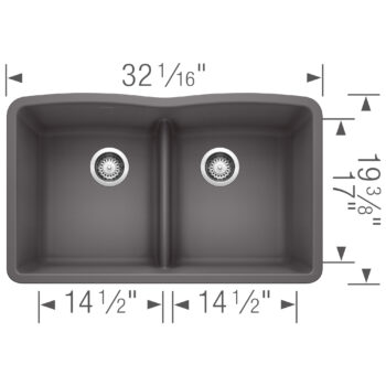 Blanco Diamond SILGRANIT 32" 50/50 Double Bowl Undermount Kitchen Sink with Low Divide - Cinder - Image 6