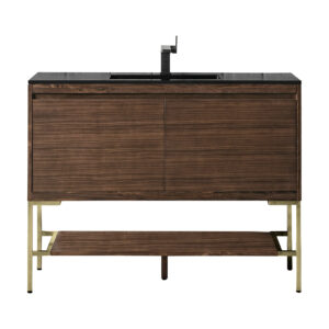 Mantova 47.3″ Single Vanity, Mid-Century Walnut, Champagne Brass Base w/ Charcoal Black Composite Stone Top