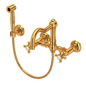 ROHL Acqui® Wall Mount Bridge Kitchen Faucet With Sidespray And Column Spout In Italian Brass