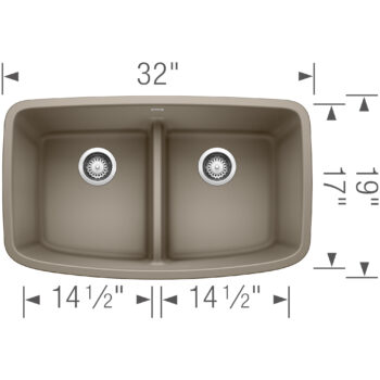 Blanco Valea SILGRANIT 32" 50/50 Double Bowl Undermount Kitchen Sink with Low Divide - Truffle - Image 3