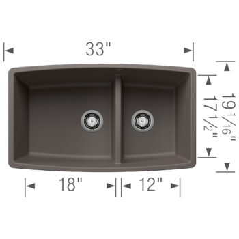 Blanco Performa SILGRANIT 33" 60/40 Double Bowl Undermount Kitchen Sink with Low Divide - Volcano Gray - Image 3