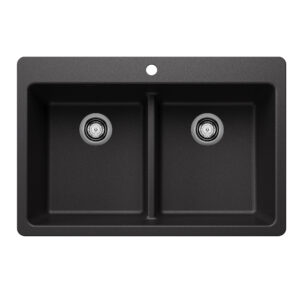 Blanco Liven SILGRANIT 33″ 50/50 Double Bowl Dual Mount Kitchen Sink with Low Divide – Anthracite