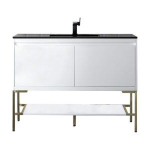 Mantova 47.3″ Single Vanity, Glossy White, Champagne Brass Base w/ Charcoal Black Composite Stone Top