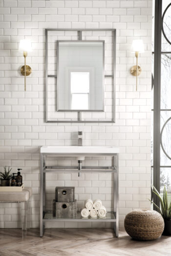 Boston 31.5" Single Console Vanity, Brushed Nickel w/ White Glossy Composite Stone Top - Image 2