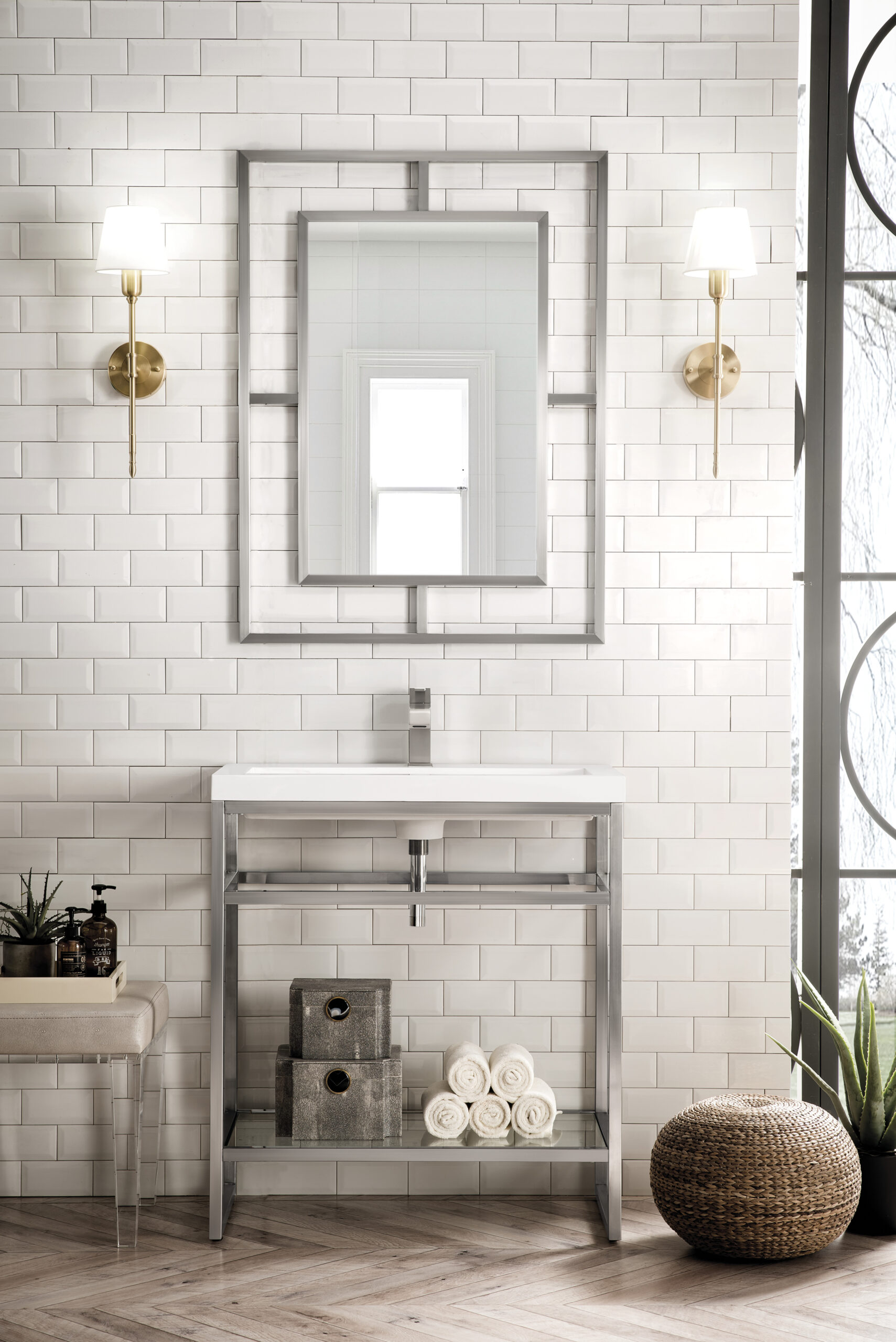 Boston 31.5" Single Console Vanity, Brushed Nickel w/ White Glossy Composite Stone Top - Image 2