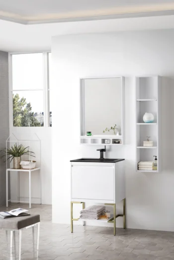 Mantova 23.6" Single Vanity, Glossy White, Champagne Brass Base w/ Charcoal Black Composite Stone Top - Image 3
