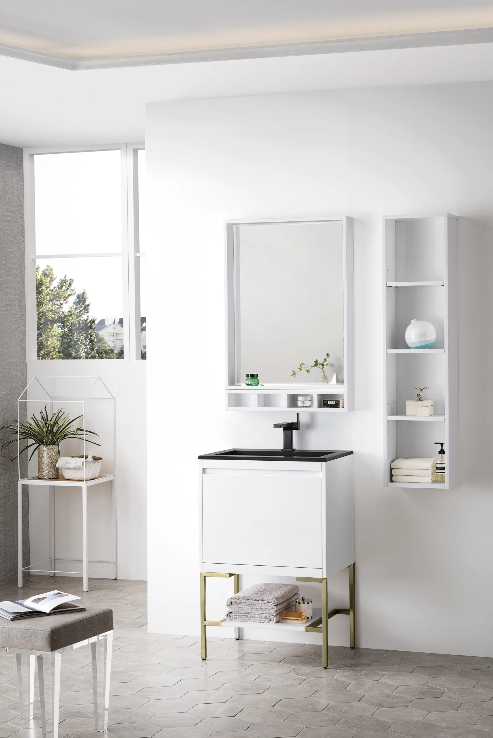 Mantova 23.6" Single Vanity, Glossy White, Champagne Brass Base w/ Charcoal Black Composite Stone Top - Image 3
