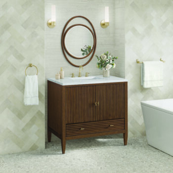 Myrrin 36" Vanity, Mid Century Walnut w/ 3 CM Arctic Fall Solid Surface Top - Image 3