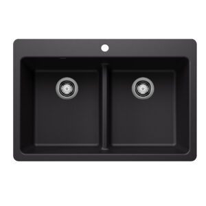Blanco Liven SILGRANIT 33″ 50/50 Double Bowl Dual Mount Kitchen Sink with Low Divide – Coal Black
