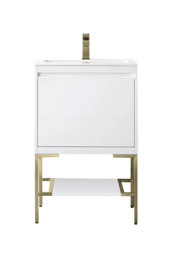Mantova 23.6" Single Vanity, Glossy White, Champagne Brass Base w/ Glossy White Composite Stone Top