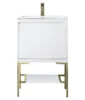Mantova 23.6″ Single Vanity, Glossy White, Champagne Brass Base w/ Glossy White Composite Stone Top