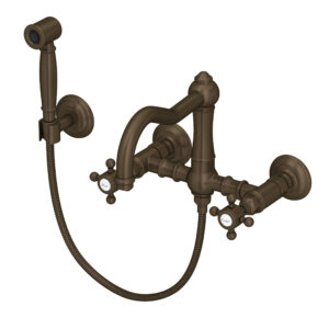 ROHL Acqui® Wall Mount Bridge Kitchen Faucet With Sidespray And Column Spout In Tuscan Brass