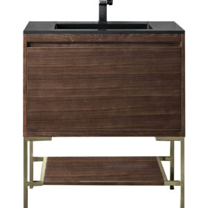 Mantova 31.5″ Single Vanity, Mid-Century Walnut, Champagne Brass Base w/ Charcoal Black Composite Stone Top
