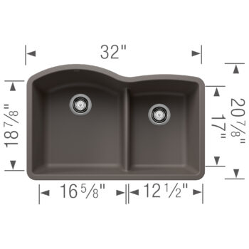 Blanco Diamond SILGRANIT 32" 60/40 Double Bowl Undermount Kitchen Sink with Low Divide - Volcano Gray - Image 3