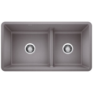Blanco Precis SILGRANIT 33″ 60/40 Reversible Double Bowl Undermount Kitchen Sink with Low Divide – Metallic  Gray