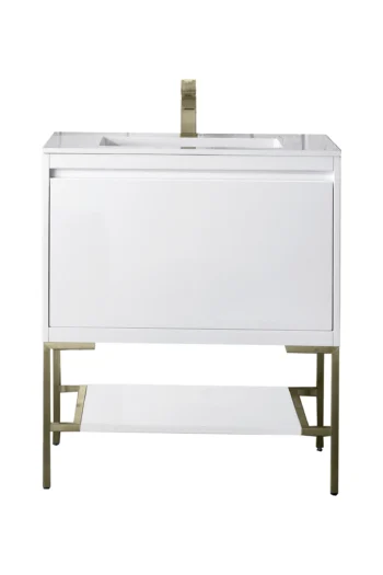 Mantova 31.5" Single Vanity, Glossy White, Champagne Brass Base w/ Glossy White Composite Stone Top