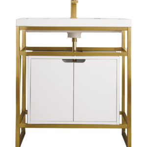 Boston 31.5″ Single Console Vanity, Radiant Gold, Glossy White Storage, White Glossy Composite Stone