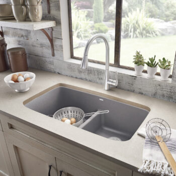 Blanco Valea SILGRANIT 32" 50/50 Double Bowl Undermount Kitchen Sink with Low Divide - Metallic Gray - Image 2