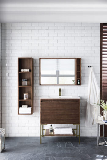 Mantova 31.5" Single Vanity, Mid-Century Walnut, Champagne Brass Base w/ Glossy White Composite Stone Top - Image 2