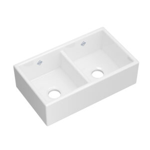 Shaws Shaker™ 31″ Low Divide Double Bowl Apron Front Fireclay Kitchen Sink In White (WH)