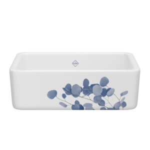 Shaws Lancaster™ 30″ Single Bowl Farmhouse Apron Front Fireclay Kitchen Sink With Eucalyptus Design In Eucalyptus Blue/Silver