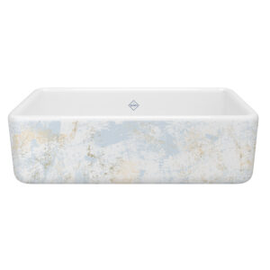 Shaws Lancaster™ 33″ Single Bowl Farmhouse Apron Front Fireclay Kitchen Sink With Patina Design In Patina Blue/Gold
