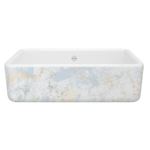 Shaws Lancaster™ 33″ Single Bowl Farmhouse Apron Front Fireclay Kitchen Sink With Patina Design In Patina Blue/Gold