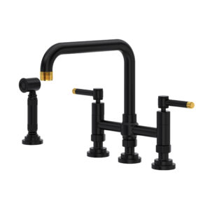 ROHL Campo™ Bridge Kitchen Faucet With Side Spray In Matte Black/Unlacqrd Brass