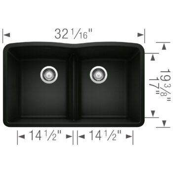 Blanco Diamond SILGRANIT 32" 50/50 Double Bowl Undermount Kitchen Sink with Low Divide - Coal Black - Image 3