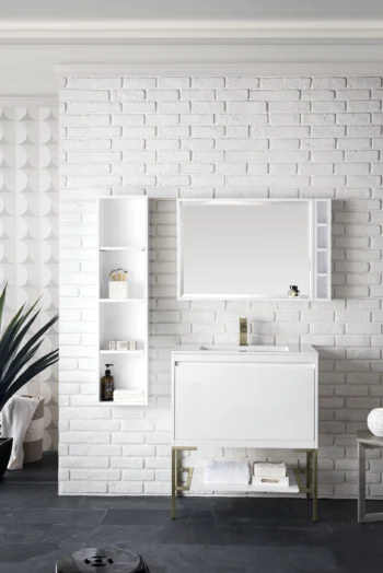 Mantova 31.5" Single Vanity, Glossy White, Champagne Brass Base w/ Glossy White Composite Stone Top - Image 2