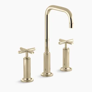 Kohler Purist Widespread bathroom sink faucet with Cross handles, 1.2 gpm – Vibrant French Gold