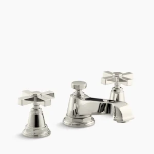 Kohler Pinstripe Pure Widespread bathroom sink faucet with Cross handles, 1.2 gpm – Vibrant Polished Nickel