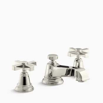 Kohler Pinstripe Pure Widespread bathroom sink faucet with Cross handles, 1.2 gpm - Vibrant Polished Nickel