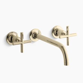 Kohler Purist Wall-mount bathroom sink faucet trim with Cross handles, 1.2 gpm - Vibrant French Gold