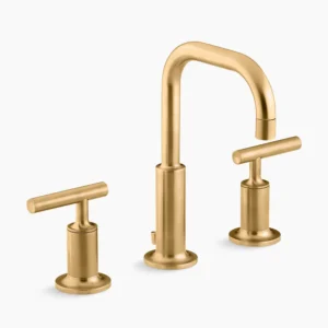 Kohler Purist Widespread bathroom sink faucet with Lever handles, 1.2 gpm – Vibrant Brushed Moderne Brass