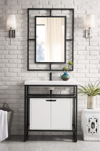 Boston 31.5" Single Console Vanity, Matte Black, Glossy White Storage, White Glossy Composite Stone - Image 2