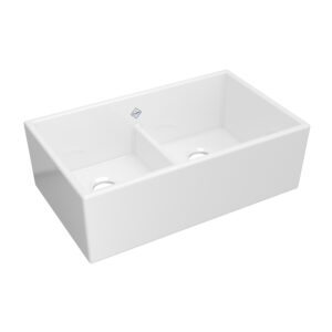 Shaws Shaker™ 33″ Low Divide Double Bowl Apron Front Fireclay Kitchen Sink In White (WH)