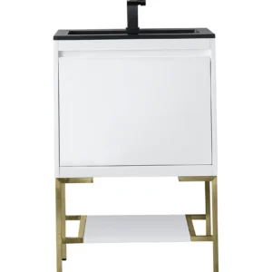 Mantova 23.6″ Single Vanity, Glossy White, Champagne Brass Base w/ Charcoal Black Composite Stone Top