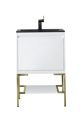 Mantova 23.6" Single Vanity, Glossy White, Champagne Brass Base w/ Charcoal Black Composite Stone Top